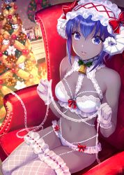 Rule 34 | 1girl, armchair, bare shoulders, bell, between breasts, blush, bow, bow bra, bow panties, bra, breasts, chair, christmas, christmas ornaments, christmas tree, cleavage, commentary request, curled horns, dark-skinned female, dark skin, fate/prototype, fate/prototype: fragments of blue and silver, fate (series), fireplace, fishnet thighhighs, fishnets, frilled hairband, frilled thighhighs, frills, fujimaru ritsuka (male), gloves, hair between eyes, hairband, hassan of serenity (fate), hassan of serenity (merry sheep) (fate), horns, indoors, lolita hairband, looking at viewer, mask, medium breasts, nishimura eri, on chair, panties, parted lips, purple eyes, purple hair, red bow, short hair, sitting, skull mask, solo, thighhighs, underwear, underwear only, white bra, white gloves, white hairband, white panties