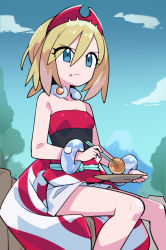 Rule 34 | 1girl, blonde hair, blue eyes, bracelet, chopsticks, closed mouth, cloud, collar, commentary request, commission, creatures (company), day, eyelashes, food, food on face, game freak, hair between eyes, hairband, holding, holding chopsticks, holding plate, imomochi, irida (pokemon), jewelry, knees, medium hair, nintendo, outdoors, pixiv commission, plate, pokemon, pokemon legends: arceus, red hairband, red shirt, sash, shirt, shorts, sitting, sky, solo, strapless, strapless shirt, stroma, white shorts