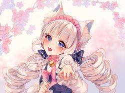 Rule 34 | 1girl, animal ears, bell, neck bell, blue eyes, blue ribbon, cat ears, collar, commission, dress, drill hair, flower, frilled dress, frilled sleeves, frills, hairband, hyanna-natsu, long hair, long sleeves, original, paw pose, pink flower, pink hairband, pink ribbon, ribbon, tongue, tongue out, white dress, white hair