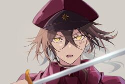 Rule 34 | 1boy, black hair, bungou stray dogs, cape, collared jacket, facial mark, grey background, hat, holding, holding sword, holding weapon, jacket, long hair, looking at viewer, male focus, military hat, mokeo0315, open mouth, portrait, red cape, red hat, red jacket, solo, suehiro tetchou (bungou stray dogs), sword, teardrop facial mark, tsurime, twitter username, weapon, yellow eyes