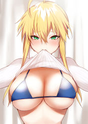 Rule 34 | 1girl, ahoge, artoria pendragon (fate), artoria pendragon (lancer) (fate), bikini, blonde hair, blue bikini, blush, braid, breasts, cleavage, closed mouth, clothes lift, danimaru, fate/grand order, fate (series), french braid, green eyes, hair between eyes, highres, large breasts, lifted by self, long hair, long sleeves, looking at viewer, mouth hold, ribbed sweater, sidelocks, solo, sweater, sweater lift, swimsuit, white sweater