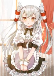 Rule 34 | 1girl, alternate costume, amatsukaze (kancolle), apron, brown eyes, cocoperino, frilled apron, frills, hair tubes, holding, holding tray, kantai collection, long hair, short sleeves, silver hair, solo, tray, two side up, waist apron, white apron, wrist cuffs