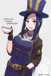 Rule 34 | 1girl, belt, blue eyes, blush, breasts, brown belt, brown gloves, brown hat, brown jacket, caitlyn (league of legends), cherii (cherry sister), cleavage, cup, dated, gloves, grey background, hat, heart, highres, holding, holding cup, jacket, large breasts, league of legends, long hair, purple hat, simple background, smile, teeth, top hat