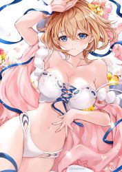 Rule 34 | 1girl, arm up, bare arms, bare shoulders, bikini, blonde hair, blue eyes, blush, breasts, collarbone, commentary request, europa (granblue fantasy), europa (summer) (granblue fantasy), fingernails, flower, granblue fantasy, hair flower, hair ornament, highres, looking at viewer, medium breasts, navel, parted lips, petals, simple background, solo, soraneko hino, sparkle, stomach, swimsuit, thighs, white background, white bikini