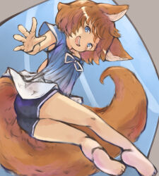 Rule 34 | 1girl, animal ear fluff, animal ears, ass, barefoot, blue eyes, blue shirt, blue shorts, brown hair, feet, fox ears, fox girl, fox tail, from below, highres, kneepits, legs, long tail, looking at viewer, looking down, mote max, open mouth, original, outstretched hand, shirt, short hair, short shorts, short sleeves, shorts, smile, soles, solo, tail, thighs, toes