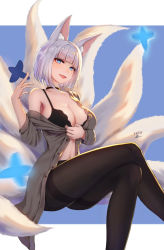 Rule 34 | 1girl, alternate costume, animal ear fluff, animal ears, armpit peek, artist name, ass, azur lane, black bra, black pantyhose, blue eyes, blue sky, blunt bangs, blush, bra, breasts, buttons, choker, cleavage, cloud, collarbone, crossed legs, fox ears, fox tail, grey shirt, highres, holding, kaga (azur lane), large breasts, looking at viewer, multiple tails, open mouth, pantyhose, shirt, short hair, sidelocks, sitting, sky, smile, solo, tail, thighs, unbuttoned, unbuttoned shirt, underwear, white hair, you ni ge shaobing