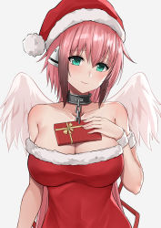 Rule 34 | 1girl, angel wings, bare shoulders, blush, box, breasts, cleavage, closed mouth, fur-trimmed headwear, fur trim, gift, gift box, green eyes, hat, highres, holding, holding gift, ikaros, large breasts, looking at viewer, pink hair, red hat, santa costume, santa hat, short hair, smile, solo, sora no otoshimono, wings, ying jing meng