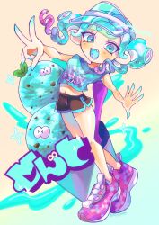 Rule 34 | 1girl, 2others, absurdres, black shorts, blue background, blue eyes, blue hair, blue shirt, blue trim, commentary, full body, gradient background, gradient hair, highres, jellyfish (splatoon), medium hair, midriff, multicolored hair, multiple others, navel, nintendo, octoling, octoling girl, octoling player character, open mouth, payayo884, pink footwear, pink hair, print shirt, see-through, see-through headwear, shirt, shoes, short shorts, shorts, smile, splatoon (series), splatoon 3, symbol-only commentary, teeth, tentacle hair, twintails, two-tone hair, v, visor cap, white background