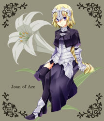 Rule 34 | 1girl, armor, armored dress, blonde hair, braid, capelet, character name, dress, fate/apocrypha, fate (series), flower, headpiece, jeanne d&#039;arc (fate), jeanne d&#039;arc (ruler) (fate), kubyou azami, lily (flower), long hair, purple eyes, purple thighhighs, single braid, solo, thighhighs