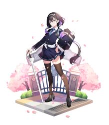 Rule 34 | 1girl, bag, black footwear, black hair, black thighhighs, blue jacket, blue necktie, blue skirt, cherry blossoms, eversoul, falling petals, full body, game cg, gate, grey eyes, hair between eyes, hair ribbon, hairband, hand on own hip, high heels, holding, holding sword, holding weapon, jacket, linzy (eversoul), looking at viewer, multicolored hair, necktie, official alternate costume, official alternate hairstyle, official art, outdoors, petals, pink petals, ponytail, purple armband, purple hair, ribbon, school uniform, shirt, short hair, shoulder bag, skirt, solo, standing, sword, tachi-e, thighhighs, transparent background, two-tone hair, weapon, whistle, whistle around neck, white shirt, wing collar, zettai ryouiki