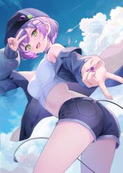 Rule 34 | 1girl, absurdres, alternate costume, anichika, arm up, ass, badge, barbell piercing, baseball cap, black hat, blue jacket, blue shorts, blue sky, breasts, button badge, clothing cutout, cloud, cloudy sky, commentary request, crop top, cumulonimbus cloud, demon girl, demon tail, denim, denim shorts, double v, ear piercing, earrings, fang, fingernails, foreshortening, from below, green eyes, gyaru v, hair ornament, hairclip, hat, highres, hololive, industrial piercing, jacket, jewelry, light blush, long sleeves, looking at viewer, medium breasts, midriff, nail polish, off shoulder, open clothes, open jacket, open mouth, outstretched arm, piercing, puffy long sleeves, puffy sleeves, purple hair, purple nails, ribbed shirt, shirt, short hair, short shorts, shorts, sky, smile, solo, tail, tail through clothes, teeth, tokoyami towa, tongue, twisted torso, upper teeth only, v, virtual youtuber, white shirt, x hair ornament