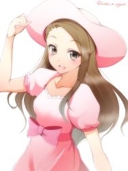 Rule 34 | 1girl, bow, brown eyes, collarbone, dress, eyebrows, hat, idolmaster, idolmaster (classic), long hair, minase iori, ookami maito, open mouth, pink bow, pink dress, pink hat, signature, simple background, solo, upper body, white background