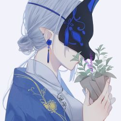 Rule 34 | 1girl, blue coat, blue flower, blue theme, bouquet, breasts, chinese clothes, coat, covered eyes, covered mouth, earrings, embroidery, fingernails, floral print, flower, flower earrings, flower over mouth, fox mask, from side, grey background, hair bun, hair strand, highres, holding, jewelry, long hair, mask, original, pointy ears, portrait, profile, purple flower, silver hair, simple background, single hair bun, smelling flower, solo, tassel, tassel earrings, tsuki mitsu, wrapper