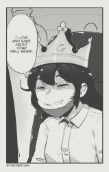 Rule 34 | 1girl, artist name, burger king, collared shirt, commentary, crown, english commentary, english text, greyscale, lily (tyrone), long hair, long sleeves, mask, meme, monochrome, mouth mask, open mouth, original, paper crown, shirt, smirk, solo, speech bubble, teeth, tyrone