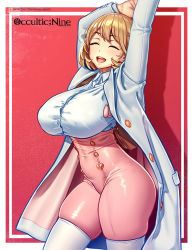 Rule 34 | 1girl, arms up, breasts, brown eyes, brown hair, bursting breasts, hair ornament, hairclip, heart, heart hair ornament, huge breasts, narusawa ryouka, necktie, nikichen, occultic;nine, open mouth, plaid, plaid skirt, raised eyebrows, short hair, skindentation, skirt, smile, solo, thick thighs, thighs, white legwear