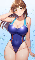 Rule 34 | 1girl, ame arare, blue background, blue one-piece swimsuit, blush, breasts, brown eyes, brown hair, cameltoe, cleavage, closed mouth, commentary, competition swimsuit, covered navel, cowboy shot, gluteal fold, gradient background, hand in own hair, highleg, highleg swimsuit, highres, idolmaster, idolmaster cinderella girls, large breasts, long hair, looking at viewer, nitta minami, one-piece swimsuit, simple background, smile, solo, standing, straight hair, swimsuit, thigh gap, water