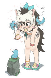 Rule 34 | 10s, 1girl, :d, ?, aardwolf (kemono friends), aardwolf print, animal print, appleq, bare arms, bare shoulders, bikini, bikini under clothes, bird, black eyes, black hair, bow, breasts, buttons, collarbone, downblouse, extra ears, flying, front-tie bikini top, front-tie top, full body, grey hair, hair between eyes, hair bow, hand on own knee, hand up, high ponytail, highres, holding, holding bikini, holding clothes, holding swimsuit, jewelry, kemono friends, kemono friends festival, leaning forward, long hair, looking at another, looking down, looking up, motion lines, multicolored hair, necklace, open clothes, open fly, open mouth, open shorts, outstretched arm, pendant, ponytail, print bikini, print shorts, print swimsuit, sandals, shell, shell necklace, shorts, sidelocks, simple background, small breasts, smile, standing, stomach, swimsuit, swimsuit under clothes, toes, two-tone hair, unbuttoned, undone, untied bikini, white background, wristband