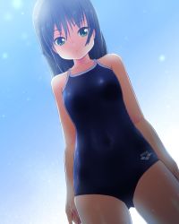 Rule 34 | 1girl, absurdres, alternate costume, arena (company), arms at sides, asashio (kancolle), backlighting, black hair, blue one-piece swimsuit, blue sky, blurry, bokeh, breasts, clothes writing, collarbone, competition school swimsuit, covered navel, cowboy shot, day, depth of field, diffraction spikes, from below, gluteal fold, gradient background, gradient sky, green eyes, hair between eyes, highres, kantai collection, logo, long hair, one-piece swimsuit, outdoors, school swimsuit, sky, small breasts, solo, standing, swimsuit, tennouji masamichi
