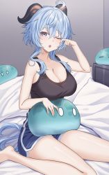 Rule 34 | 1girl, ;o, ahoge, bare legs, barefoot, black tank top, blue hair, breasts, cleavage, ganyu (genshin impact), genshin impact, goat horns, highres, horns, indoors, large breasts, long hair, low ponytail, o-los, one eye closed, pillow, purple eyes, short shorts, shorts, sidelocks, sitting, slime (genshin impact), solo, stuffed toy, tank top, thighs, very long hair, wavy hair, yawning