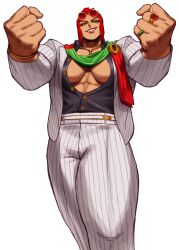 Rule 34 | 1girl, absurdres, black shirt, breasts, cleavage, dress shirt, eyewear on head, formal, green eyes, green scarf, highres, jacket, jewelry, large breasts, looking at viewer, marisa (street fighter), muscular, muscular female, open clothes, open shirt, pants, partially unbuttoned, red hair, ring, scarf, shirt, short hair, solo, sotcho, street fighter, street fighter 6, striped, striped suit, suit, sunglasses, white background, white jacket, white pants, white suit