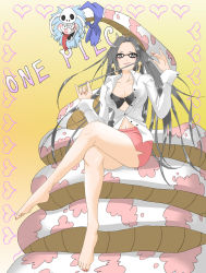 Rule 34 | 1girl, barefoot, black hair, blue eyes, blue hair, boa hancock, breasts, cleavage, earrings, female focus, glasses, heart, highres, jewelry, long hair, one piece, open clothes, open shirt, salome (one piece), shirt, simple background, sitting, skull, snake