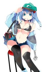 Rule 34 | 1girl, adjusting clothes, adjusting headwear, arm up, bag, bare shoulders, bikini, bikini pull, bikini top only, black bikini, black thighhighs, blue eyes, blue footwear, blue hair, blue jacket, blush, breasts, cabbie hat, clothes pull, collarbone, commentary request, denim, denim shorts, feet out of frame, green hat, hair bobbles, hair ornament, hat, highres, holding, holding wrench, jacket, kawashiro nitori, key, long sleeves, looking at viewer, medium breasts, mouth hold, navel, off shoulder, open fly, satchel, short hair, short shorts, shorts, simple background, solo, stomach, stool, swimsuit, tetsurou (fe+), thighhighs, thighs, touhou, two side up, white background, wide hips, wrench