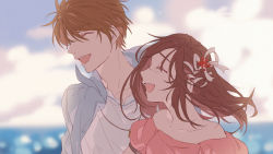 Rule 34 | 1boy, 1girl, :d, bare shoulders, blue jacket, blue sky, brown hair, closed eyes, cloud, cloudy sky, hair ribbon, highres, jacket, jewelry, key, koeda (k83 4), long hair, luke pearce (tears of themis), necklace, open mouth, outdoors, pink shirt, ribbon, rosa (tears of themis), shirt, short hair, sky, smile, tears of themis, white shirt, wind, wind lift