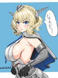 Rule 34 | 1girl, absurdres, akasaka4005, black gloves, blonde hair, blue background, blue eyes, blush, braid, breasts, capelet, colorado (kancolle), elbow gloves, from side, garrison cap, gloves, grey hat, hat, headgear, highres, kantai collection, large breasts, looking at viewer, open mouth, short hair, sideboob, solo, speech bubble, twitter username, upper body