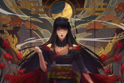 Rule 34 | 1girl, artist name, bare shoulders, bat hair ornament, black collar, black hair, black kimono, blunt bangs, blunt ends, brown background, collar, commentary, egasumi, english commentary, expressionless, final fantasy, final fantasy xiv, flower, folding fan, grey eyes, hair flower, hair ornament, hair stick, hand fan, hand up, holding, holding smoking pipe, hyur, japanese clothes, kimono, kiseru, lace collar, long hair, looking at viewer, mole, mole under mouth, moon, obi, obiage, obijime, off shoulder, red flower, red lips, red trim, sash, sidelocks, smoke, smoking pipe, solo, spider lily, straight-on, tree, two-sided fabric, upper body, yotsuyu goe brutus, yuxingart