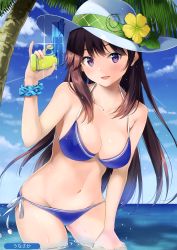 Rule 34 | 1girl, :d, absurdres, bare arms, bare shoulders, bikini, blue bikini, blue sky, blush, breasts, brown hair, cleavage, cloud, collarbone, day, finger on trigger, flower, glint, groin, halterneck, hand up, hat, hat flower, highres, holding, large breasts, long hair, looking at viewer, melonbooks, navel, ocean, open mouth, outdoors, palm tree, purple eyes, scan, scrunchie, side-tie bikini bottom, sky, smile, solo, sparkle, stomach, string bikini, sun hat, sunlight, swimsuit, thighs, tree, unasaka ryou, wading, water, water gun, white hat, wrist scrunchie, yellow flower
