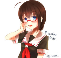 Rule 34 | 10s, 1girl, :d, ahoge, blue eyes, brown hair, colorized, english text, engrish text, glasses, kantai collection, looking at viewer, neckerchief, open mouth, ranguage, red neckerchief, sekino takehiro, shigure (kancolle), smile, solo, twitter username