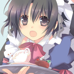 Rule 34 | 1boy, alternate costume, amano, black eyes, black hair, blush, bow, crossdressing, cup, food, little busters!, lowres, maid, maid headdress, male focus, naoe riki, open mouth, pink bow, puffy sleeves, short hair, solo, sweatdrop, teacup, trap, tray