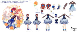 1girl ascalon_(phantom_of_the_kill) blue_flower blue_rose bouquet character_sheet closed_mouth da-kuro dress flower from_behind green_eyes highres holding holding_bouquet looking_at_viewer mirror official_alternate_costume official_art orange_flower orange_rose phantom_of_the_kill red_hair reflection ribbon rose skirt standing straight-on white_background yellow_flower yellow_rose