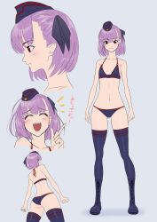 Rule 34 | 1girl, ^^^, ^ ^, arms at sides, ass, back, bikini, black bikini, black thighhighs, boots, breasts, butt crack, character sheet, closed eyes, commentary request, cowboy shot, cropped torso, fate/grand order, fate (series), flat color, full body, garrison cap, gluteal fold, grey background, hair ribbon, half updo, halterneck, hat, helena blavatsky (fate), helena blavatsky (swimsuit archer) (fate), helena blavatsky (swimsuit archer) (third ascension) (fate), highres, imizu (nitro unknown), legs apart, multiple views, navel, o-ring, o-ring bikini, open mouth, portrait, purple hair, red eyes, ribbon, short hair, simple background, small breasts, smile, standing, swimsuit, teeth, thigh boots, thigh strap, thighhighs, thighs, translation request, upper teeth only