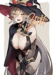 Rule 34 | 1girl, armor, bare shoulders, black gloves, black hat, breastplate, breasts, brown hair, cleavage, clothing cutout, eyes visible through hair, fang, funyo (masa), gloves, hair between eyes, hat, heart, highres, large breasts, light brown hair, long hair, navel, navel cutout, nijisanji, nui sociere, nui sociere (1st costume), open mouth, skin fang, slit pupils, solo, torn, torn clothes, torn hat, very long hair, virtual youtuber, witch, witch hat, yellow eyes