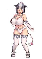 Rule 34 | 10s, 1girl, :d, animal ears, animal print, bare shoulders, black hair, blush, bow, breasts, cleavage, collarbone, cow ears, cow print, cow tail, crop top, crop top overhang, elbow gloves, full body, gloves, gluteal fold, hair ornament, holstein friesian cattle (kemono friends), kemono friends, large breasts, looking at viewer, multicolored hair, navel, open mouth, panties, short hair, smile, solo, standing, stomach, tail, tail bow, tail ornament, tank top, thighhighs, tsuda nanafushi, two-tone hair, underboob, underwear, white hair, white panties