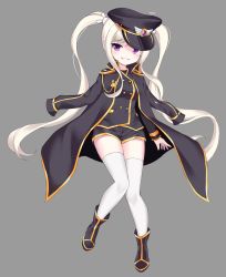 Rule 34 | absurdres, hair ornament, hat, highres, jacket, jacket on shoulders, looking at viewer, maplestory, mole, mole under eye, orchid (maplestory), purple eyes, silver hair, thighhighs, twintails