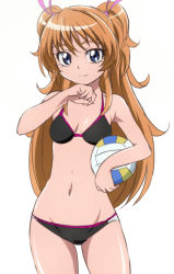 Rule 34 | 10s, 1girl, ball, bikini, black bikini, blue eyes, brown hair, cowboy shot, holding, holding ball, houjou hibiki, long hair, looking at viewer, oimanji, precure, simple background, smile, solo, suite precure, swimsuit, two side up, volleyball (object), white background