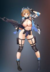Rule 34 | 1girl, absurdres, bad id, bad pixiv id, belt, belt pouch, black footwear, black gloves, blue one-piece swimsuit, blue socks, boots, breasts, brown eyes, brown hair, brownie (last origin), chest strap, contrapposto, cross-laced footwear, elbow pads, fingerless gloves, full body, gloves, glowing, grey background, gun, halterneck, head-mounted display, highleg, highleg swimsuit, highres, holding, holding weapon, holster, jacket, knee pads, lace-up boots, large breasts, last origin, navel, nipples, one-piece swimsuit, open clothes, open jacket, open mouth, pouch, rifle, sangobob, short hair, socks, solo, standing, sweat, swimsuit, thigh holster, thigh strap, third-party edit, torn clothes, torn gloves, torn jacket, torn swimsuit, utility belt, weapon