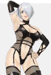 Rule 34 | 1girl, :p, alternate costume, anagumasan, angel (kof), arm up, armpits, bare shoulders, breasts, bustier, cleavage, garter belt, grey background, hair over one eye, hand on own hip, highres, large breasts, leather, lingerie, looking at viewer, mexico, naughty face, navel, simple background, smile, snk, solo, the king of fighters, the king of fighters 2001, the king of fighters xiv, thighhighs, toned, tongue, tongue out, underwear, white hair