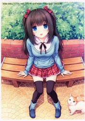 Rule 34 | 10s, 1girl, 2012, :d, absurdres, arms at sides, bench, black thighhighs, blue eyes, blunt bangs, bow, breasts, brick wall, brown hair, buckle, cat, collared shirt, copyright name, from above, hair bow, highres, kuu-doll, long sleeves, looking at viewer, neck ribbon, non-web source, open mouth, outdoors, pavement, plaid, plaid bow, plaid skirt, plant, ribbon, sayori (neko works), shirt, sitting, skirt, smile, solo, sweater, thighhighs, two side up, wing collar, zettai ryouiki