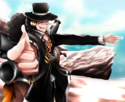 Rule 34 | 1boy, absurdres, alternate costume, black eyes, black hat, clenched teeth, commentary, curly hair, earmuffs, english commentary, facial hair, fpxzy111, goatee, hat, highres, long hair, long nose, male focus, one piece, outdoors, smile, solo, standing, teeth, usopp