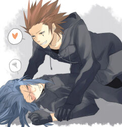 Rule 34 | 2boys, axel (kingdom hearts), between legs, black coat, black coat (kingdom hearts), black gloves, blue hair, blush, coat, commentary request, facial mark, furrowed brow, gloves, green eyes, grey background, grin, hair slicked back, hands up, heart, hood, hood down, kingdom hearts, kingdom hearts ii, kneeling, long sleeves, looking down, looking to the side, male focus, medium hair, minatoya mozuku, multiple boys, nose blush, pinned, red hair, saix, sidelocks, smile, speech bubble, spiked hair, spoken heart, spoken squiggle, squiggle, sweatdrop, upper body, yaoi, yellow eyes
