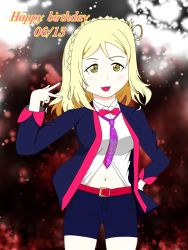 Rule 34 | 1girl, artist name, artist request, belt, black cardigan, black jacket, black pants, black shorts, blonde hair, blush, bow, bowtie, braid, breasts, brown eyes, cardigan, collared shirt, crown braid, female focus, green eyes, guilty kiss (love live!), hair rings, hand on own hip, jacket, looking at viewer, love live!, love live! school idol festival, love live! sunshine!!, medium breasts, necktie, ohara mari, pants, parted lips, purple neckwear, red belt, red bow, shirt, short hair, shorts, smile, solo, sparkle print, v, white shirt, yellow eyes