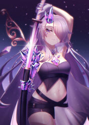 Rule 34 | 1girl, blush, breasts, chest jewel, cipher4109, gem, grey hair, hair over one eye, highres, holding, holding sword, holding weapon, hololive, hololive english, jewel under eye, katana, koseki bijou, long hair, looking at viewer, material growth, multicolored hair, navel, purple eyes, purple gemstone, sword, virtual youtuber, weapon