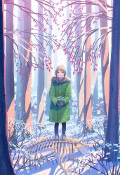 Rule 34 | 1girl, black gloves, black legwear, brown hair, coat, day, forest, gloves, green coat, highres, hiko (scape), leaf, nature, original, outdoors, short hair, short twintails, skeleton, snow, standing, tree, twintails, winter, winter clothes