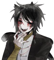 Rule 34 | 12345677777, 1boy, animal ears, bandaged arm, bandaged neck, bandages, black eyes, black hair, black jacket, cat boy, cat ears, cat tail, chinese commentary, coin, coin on string, collared shirt, commentary request, facial tattoo, fangs, hand up, holed coin, jacket, jewelry, low-tied sidelocks, male focus, medium hair, mole, mole under eye, necklace, open clothes, open collar, open jacket, open mouth, shirt, sidelocks, simple background, smile, solo, tail, tattoo, touqi guaitan, upper body, white background, white shirt, ziche fuzhao