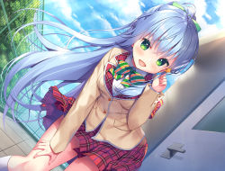Rule 34 | 1girl, :d, absurdres, asa no ha (awayuki), blue hair, blue sky, bow, breasts, brown jacket, building, cloud, collared shirt, cowboy shot, day, door, dutch angle, fence, green eyes, green neckwear, hair blowing, hair bow, hair ornament, hand on own thigh, highres, jacket, leaning forward, long hair, looking at viewer, non-web source, open mouth, original, outdoors, plaid, plaid skirt, pleated skirt, red skirt, rooftop, school uniform, shirt, skirt, sky, small breasts, smile, socks, solo, star (symbol), star hair ornament, thighs, tree, white shirt, white socks, window