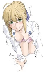 Rule 34 | 1girl, all fours, artoria pendragon (fate), blonde hair, blush, bra, braid, breasts, elf (stroll in the woods), fate (series), french braid, green eyes, hair between eyes, highres, medium breasts, open clothes, panties, pink bra, pink panties, saber (fate), smile, solo, thigh gap, translation request, underwear, white background