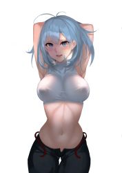 Rule 34 | 1girl, abs, absurdres, antenna hair, aowltus209, armpits, arms behind head, arms up, blue eyes, blue hair, blush, covered erect nipples, crop top, eyelashes, highres, lips, long hair, looking at viewer, midriff, navel, open fly, open mouth, original, shirt, simple background, sleeveless, sleeveless shirt, solo, taut clothes, taut shirt, unbuttoned, white background